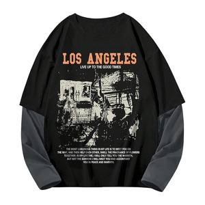Camiseta gótica Y2K para hombre, con estampado de letras, bloques de color, manga larga, cuello redondo, estilo informal para vacaciones - Product Image 1