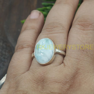 Natural Larimar Gemstone <b>Ring</b> Handmade Silver Plated <b>Statement</b> <b>Ring</b> Oval Cabochon Healing Crystal Jewelry Gift Women Unisex Him - Product Image 4