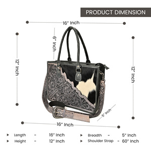 Western Cowhide Leather Tote Bag With Floral Tooled Design 16 Inch Adjustable <b>Shoulder</b> <b>Strap</b> For Women - Product Image 2