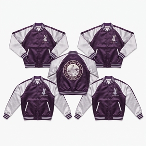 Wholesale B2B Supplier <b>Grey</b> White Satin Varsity Jacket Zip Up Custom Embroidered Cliff Nesting Guild Baseball <b>Coat</b> - Product Image 3