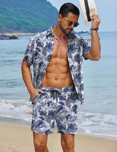 Conjunto de Camisa de Manga Corta con Botones y Pantalones Cortos a Juego con Estampado de Hojas Tropicales Monocromáticas para Hombre, Atuendo Ligero Informal de Verano - Product Image 5