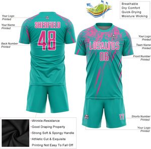 เสื้อฟุตบอลพิมพ์ลายตามสั่ง แบบซับลิเมชั่น สำหรับผู้ใหญ่ ทุกเพศ สีเขียวอมฟ้าชมพู พร้อมชื่อทีมและหมายเลข ระบายอากาศได้ดี ผ้าตาข่ายด้านหน้า แขนสั้น - Product Image 2