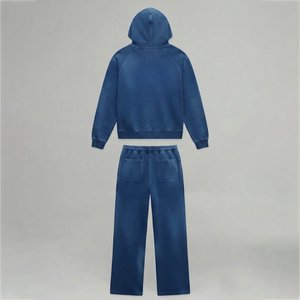 Conjunto Deportivo de Algodón Azul Lavado al Ácido, con Capucha y Cremallera, Manga Larga, Color Sólido, Estilo Casual para Otoño, Corte Regular, con Bolsillos Laterales - Product Image 2