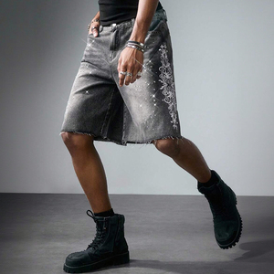 Men Stonewashed Denim Bermuda <b>Shorts</b> Mid Waist <b>Sequined</b> Street Style Woven Cotton Button Fly - Product Image 4