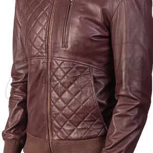 Men Maroon Genuine <b>Leather</b> Quilted Bomber <b>Jacket</b> with Standing Collar and Ribbed Cuffs - Product Image 6