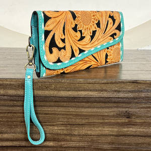 Pochette pour femme en cuir artisanal à motifs floraux, porte-monnaie et porte-cartes élégant de haute qualité, portefeuille long, sac de soirée - Product Image 5