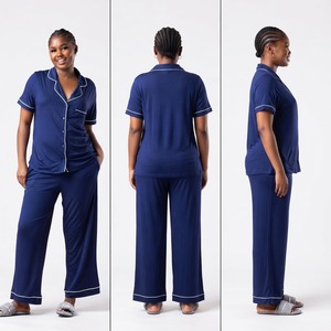 Conjunto de pijama de manga corta azul marino para mujer, top con cuello con muescas y pantalones largos - Product Image 6