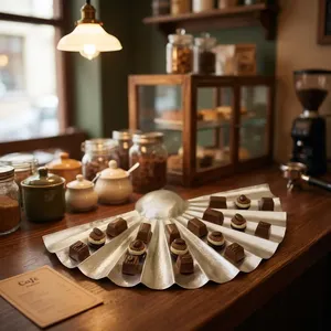 Plateau à chocolats en métal cannelé artistique présentant des chocolats gastronomiques assortis, un centre de table unique en forme d'éventail pour les cafés - Product Image 1