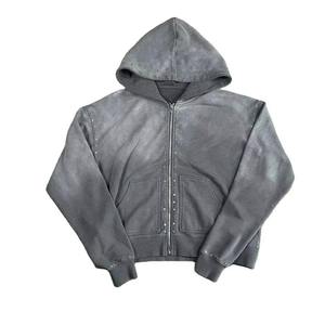 Sudadera con capucha y cremallera completa, extragrande, de algodón 100% de felpa, gris lavado, con pedrería, personalizada, fabricante OEM ODM - Product Image 6