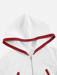 Sweat-shirt à capuche court zippé rayé blanc et rouge unisexe, coupe sportive classique, idéal pour l'automne, en coton tricoté avec poches - Product Image 3
