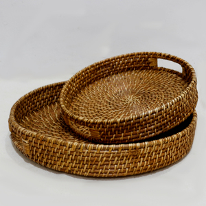 Handwoven Rattan Round Serving Tray Wicker Storage Tray with Handle <b>Decorative</b> Serving Plate for Living <b>Room</b> Kitchen - Product Image 1
