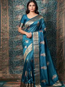 Sari en soie de style ethnique traditionnel avec tissage Zari, infroissable et à séchage rapide pour femme - Idéal pour mariage, Diwali et tenue décontractée - Product Image 6