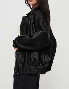 Women's Black PU Leather Bomber Jacket Full Sleeve <b>Zipper</b> Closure Turn-down Collar Autumn Style - Product Image 3