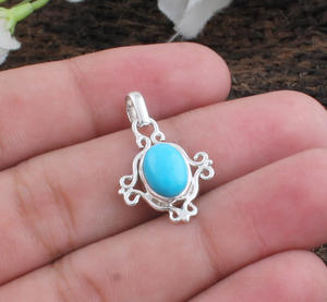 Colgante de Turquesa Natural, Plata de Ley 925, Chapado en Platino, Piedra Azul Delicada, Unisex, Joyería Vintage Genuina al por Mayor - Product Image 5