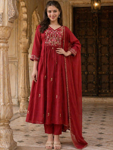 Women's Maroon Embroidered <b>Silk</b> Blend Floor-Length <b>Kurta</b> Palazzo Set With Dupatta Loose Fit Traditional Casual Wear All Seasons - Product Image 5