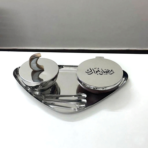 Elegant <b>Silver</b> Metal & Wood Incense <b>Burner</b> Set Featuring A Ramadan Mubarak Lidded Bowl, Crescent Handle, And Sleek Tray For Home - Product Image 4