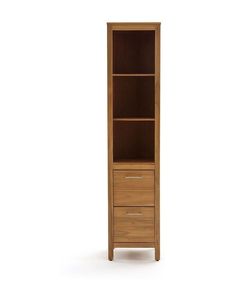 Solid Teak Wood <b>Tall</b> Bathroom Cabinet 2 <b>Drawer</b> 3 Open Shelf Linen Tower with Handles - Product Image 3