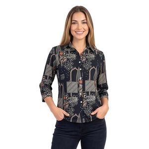 Chemise en viscose rayonne tissée à imprimé géométrique pour femme, toucher doux, lavage enzymatique, manches 3/4, tenue de bureau contemporaine - Product Image 1