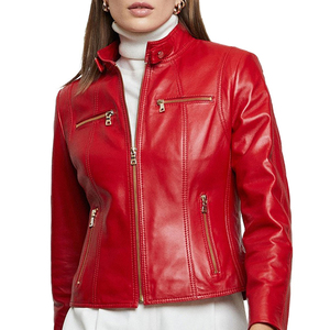 Chaqueta de Moto de Cuero PU para Mujer, Cuello Alto, Manga Larga, Cierre de Cremallera, Estilo Otoñal, Color Sólido, Largo Regular - Product Image 1