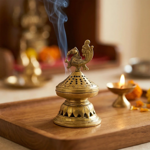 Antique style brass dhoop incense <b>burner</b> holder with long curved <b>side</b> handle, available at wholesale prices. - Product Image 5