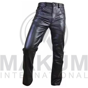 Pantalon en cuir noir pour homme, taille haute, coupe droite, style motard, fermeture boutonnée, pour l'hiver - Product Image 3