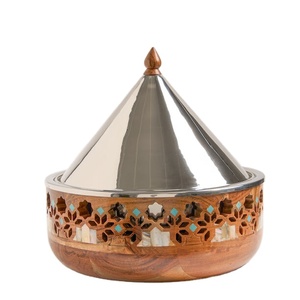 Mother of Pearl Design Wooden Base Food Warmer Round Casseroles Hotpot Tableware Casseroles Best Selling Metal Serving Hotpots - Product Image 1