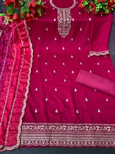 Salwar Kameez semi-cousu en soie unie brodé pour femme, avec travail au fil doré, tenue traditionnelle indienne et pakistanaise pour mariage et fiançailles - Product Image 4