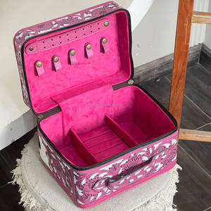 Women Fashionable Hand Tooled Leather Cosmetic <b>Case</b> <b>Medium</b> Size Cowhide Print Zipper Closure Portable Soft Handle Jewelry Box - Product Image 6
