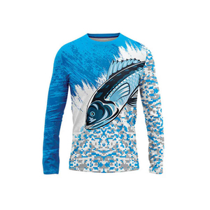 Men's Blue <b>Fish</b> Print Long Sleeve Fishing <b>Shirt</b> UPF 50 Anti-Uv Polyester Top - Product Image 1