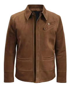 Custom Made <b>Men's</b> Brown <b>Suede</b> Leather <b>Jacket</b> Zipper Closure Turn-down Collar Casual Autumn Style Regular Fit with Pockets - Product Image 2