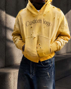 Yellow Oversized Hooded Sweatshirt <b>Men</b> 100% Cotton French Terry Washed Distressed Custom Logo Front Pocket Casual Eco-Friendly - Product Image 3