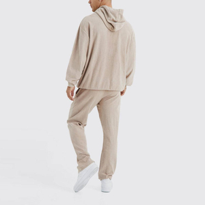 Men's Beige Hooded Sweatshirt and <b>Sweatpants</b> <b>Set</b> Full Sleeve Loose Fit Solid Color Casual Tracksuit Autumn Wear - Product Image 2