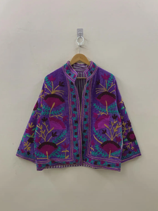 Purple Vintage Boho Unisex Winter <b>Jacket</b> Floral Suzani Embroidery Breathable <b>Velvet</b> Outerwear Cotton Filled Ethnic Chic Style - Product Image 4