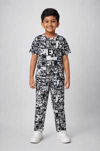 Vêtements pour enfants de marque, vêtements pour garçons, ensemble t-shirt et pantalon assortis à imprimé graphique noir et blanc stylé - Product Image 1