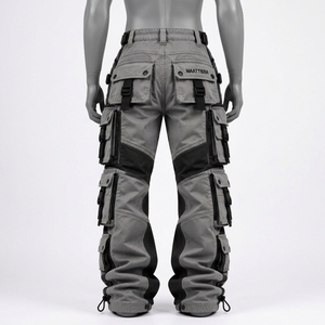 Pantalon cargo gris et noir pour homme, multi-poches, streetwear, coupe ample, empiècements contrastants aux genoux, personnalisable OEM ODM, vente en gros - Product Image 4
