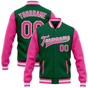 Green Pink Varsity <b>Jacket</b> Unisex Preppy Style Regular Fit Polyester Cotton Shell Button Closure Autumn Wear - Product Image 1