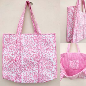 Bolso tote acolchado de algodón floral con ribete a rayas rosas, estilo preppy, bolso de compras con parte superior abierta para mujer - Product Image 2
