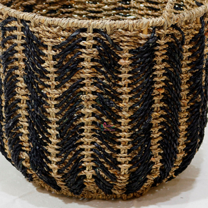 Handwoven <b>Seagrass</b> <b>Basket</b> Black and Natural Striped Storage Bin with Handles Round Woven Organizer for Home Decor - Product Image 4