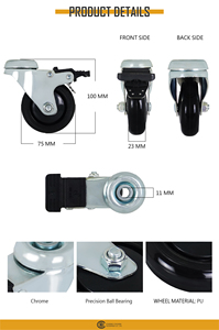 Roue pivotante en PU de 3 pouces (75 mm) avec frein, trou de boulon de 11 mm, support chromé, roulement à billes de précision, roulettes pour meubles - Product Image 2