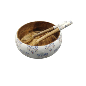 Ensemble de bol et cuillère en bois de manguier émaillé floral peint à la main de qualité supérieure, bol à salade en bois de luxe pour hôtels, logo personnalisé - Product Image 2