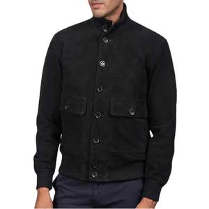 Chaqueta Bomber Marrón de Gamuza para Hombre, Cierre de Cremallera, Cuello Varsity, Puños de Punto Acanalado, Forro de Poliéster, Prenda Exterior Elegante - Product Image 4