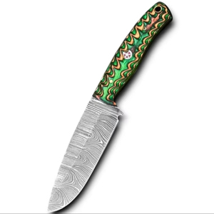 มีดทำมือคุณภาพสูง เหล็กดามัสกัส คมกริบ ใบมีดแบบดรอปพอยต์ 8 นิ้ว สำหรับกิจกรรมกลางแจ้ง ยุทธวิธี เอาตัวรอด ล่าสัตว์ ด้ามไม้ปักก้า - Product Image 1