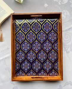 Rectangle Wood Serving Tray Blue Gold Inlay Handpainted Moroccan Pattern Handmade <b>Decorative</b> <b>Plate</b> - Product Image 5