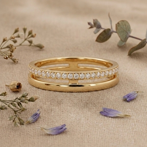 Minimalist Diamond Stackable Band <b>Ring</b> 9K Solid Gold Rhodium Plated Certified Pave Wedding Men's Slim Eternity Lab Grown Diamond - Product Image 2