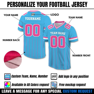 Jersey de Fútbol Americano Personalizable con Rayas Azules y Rosas, Cuello en V, Manga Corta, Absorbente de Humedad, Unisex para Adultos, Impresión Sublimada - Product Image 2