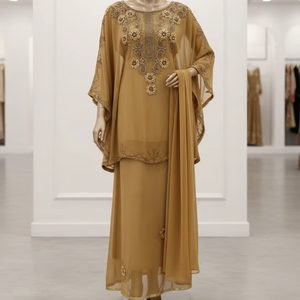 Ensemble Abaya Maxi Élégant Or Ambré Brodé à la Main, Luxueux en Chiffon Perlé pour Occasions Spéciales, avec Foulard Assorti à Détails Floraux - Product Image 1