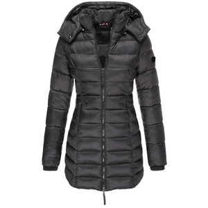 Chaqueta acolchada negra con capucha para mujer, abrigo largo y grueso de invierno con cremallera y manga larga - Product Image 1