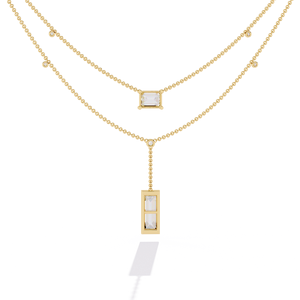 Collar de Cadena Minimalista con Esmeralda y Diamantes Cultivados en Laboratorio con Corte Baguette, Diamantes CVD HTHP, Oro Sólido de 14K, Cadena Doble - Product Image 4