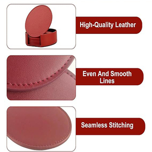 Red Leather <b>Coasters</b> <b>Set</b> of 6 – Premium PU Leather Drink Holders, Round Cup Mats with Holder - Product Image 4