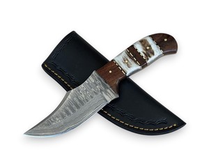 Cuchillo Skinner de Hoja Fija de Acero de Damasco con Mango de Palisandro y Asta de Ciervo, Funda de Cuero, Espiga Completa, para Caza y Camping, ODM/OEM - Product Image 1